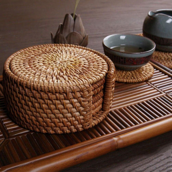 rattan coaster with storage unit on serving tray with tea