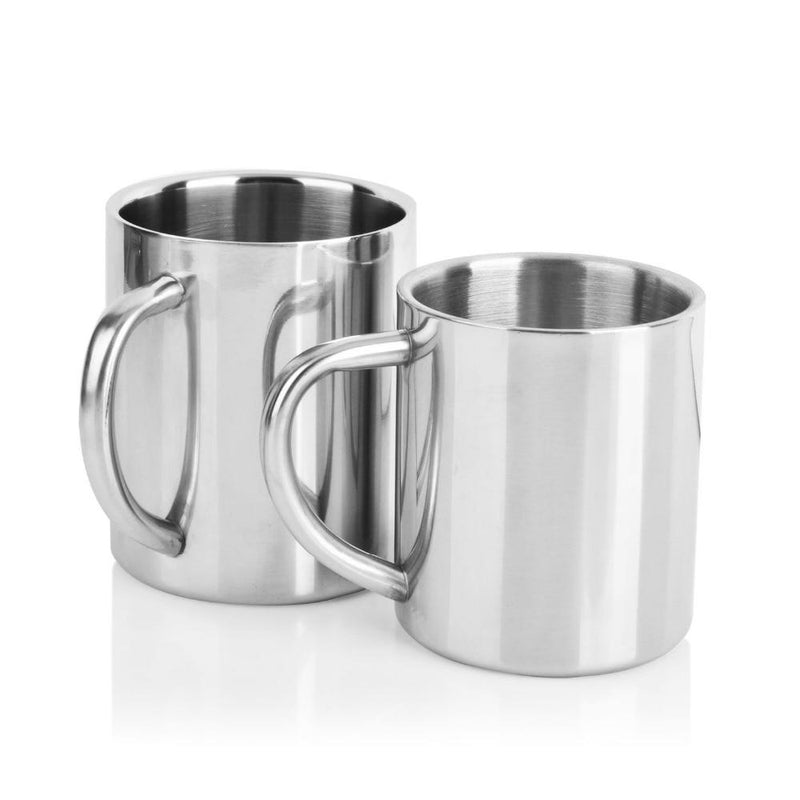 pair of stainless steel mugs with double wall for thermal insulation