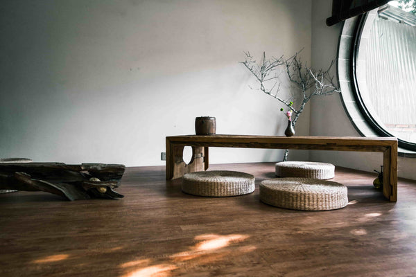 japanese minimalism wabisabi with wooden table and tatami floor cushion