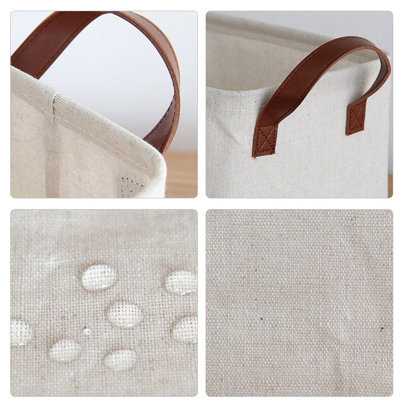 close up details of linen laundry basket with leather handles and waterproof lining