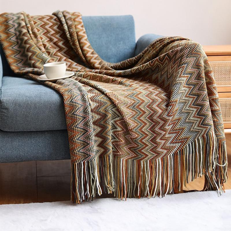 colorful brown bohemian throw blanket on sofa in living room