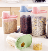 food storage containers for pasta and dried grains on counter with easy pour lid