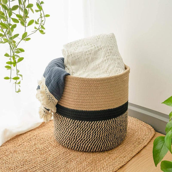 brown and black cotton rope basket used for laundry