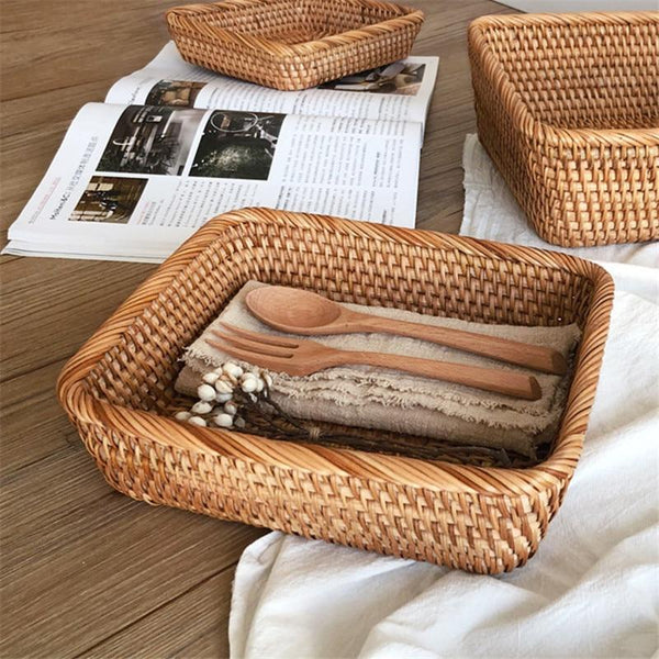 hand woven rattan basket holding household items