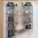 3 and 4 layer hanging closet display with gray and beige colorways in closet