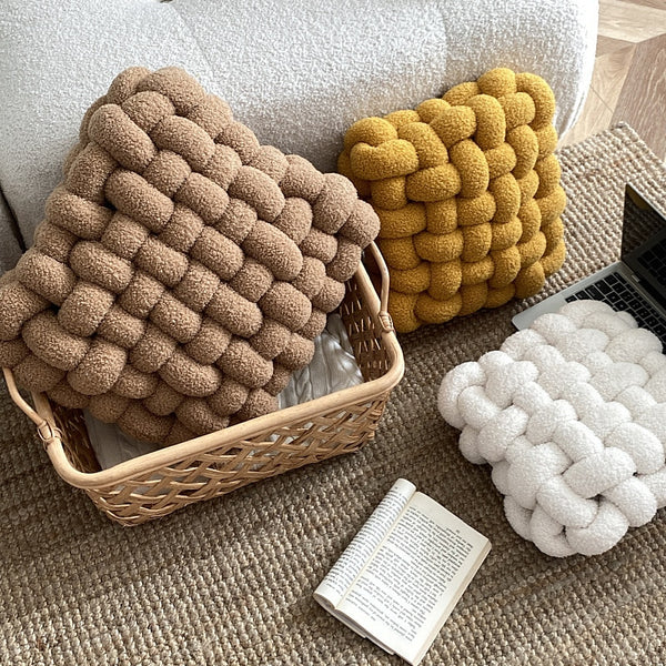 coal and cove knotted plush cushions as decor for neutral home