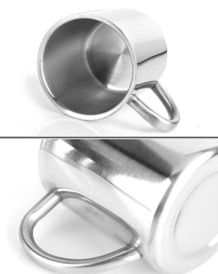 close up details of stainless steel mug, lightweight and durable