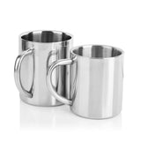 pair of stainless steel mugs with double wall for thermal insulation