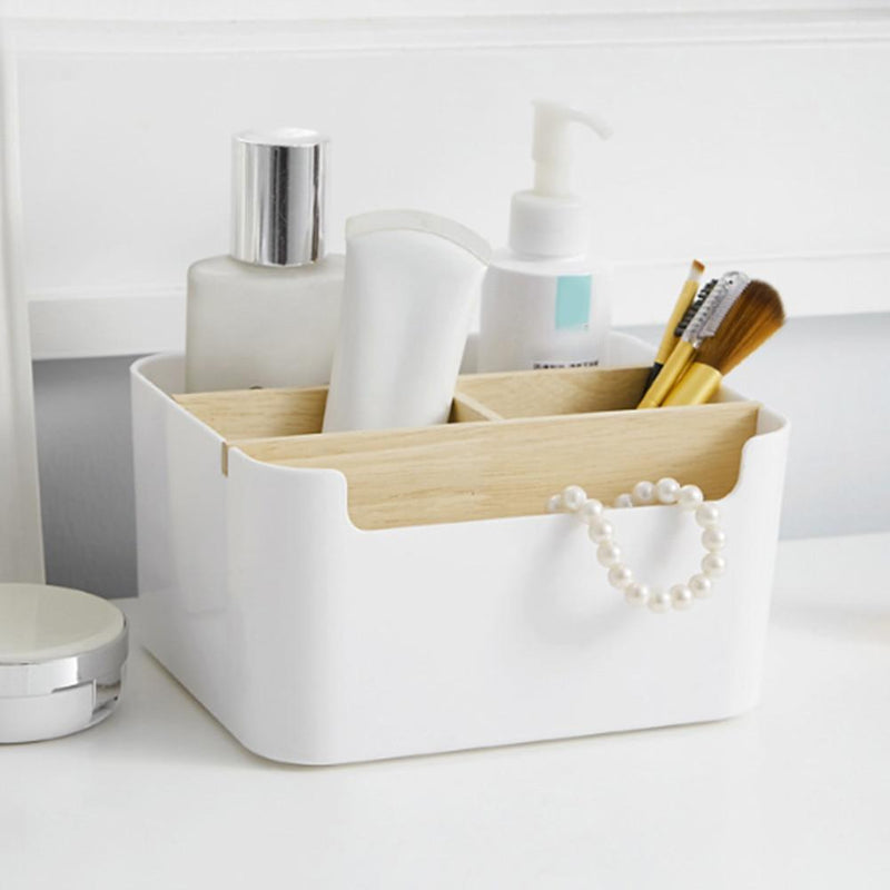 table organizer holding make up and supplies on bathroom counter