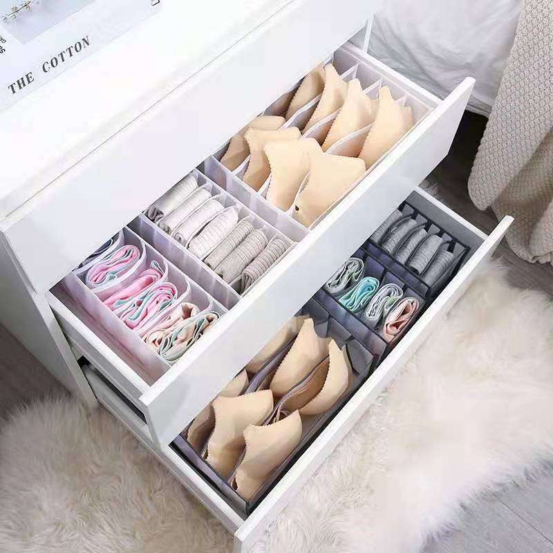 organized drawer in bedroom with underwear drawer organizer