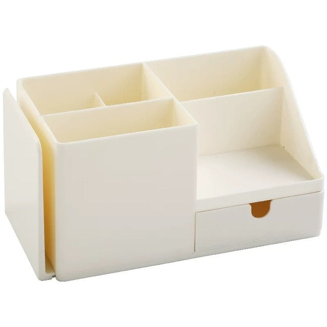beige desktop organizer with retractable book stand and small drawer