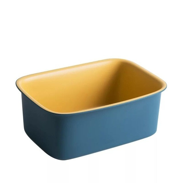 blue and yellow organizational sorting tray for minimalist design lovers