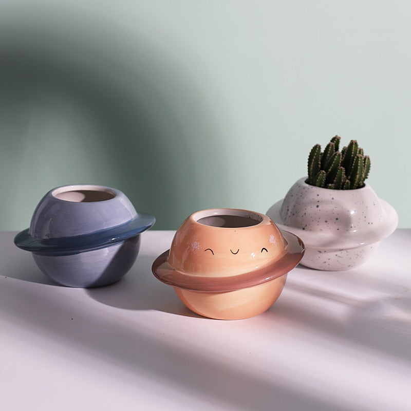 ceramic planters for small tabletop plants and succulents lined against the wall